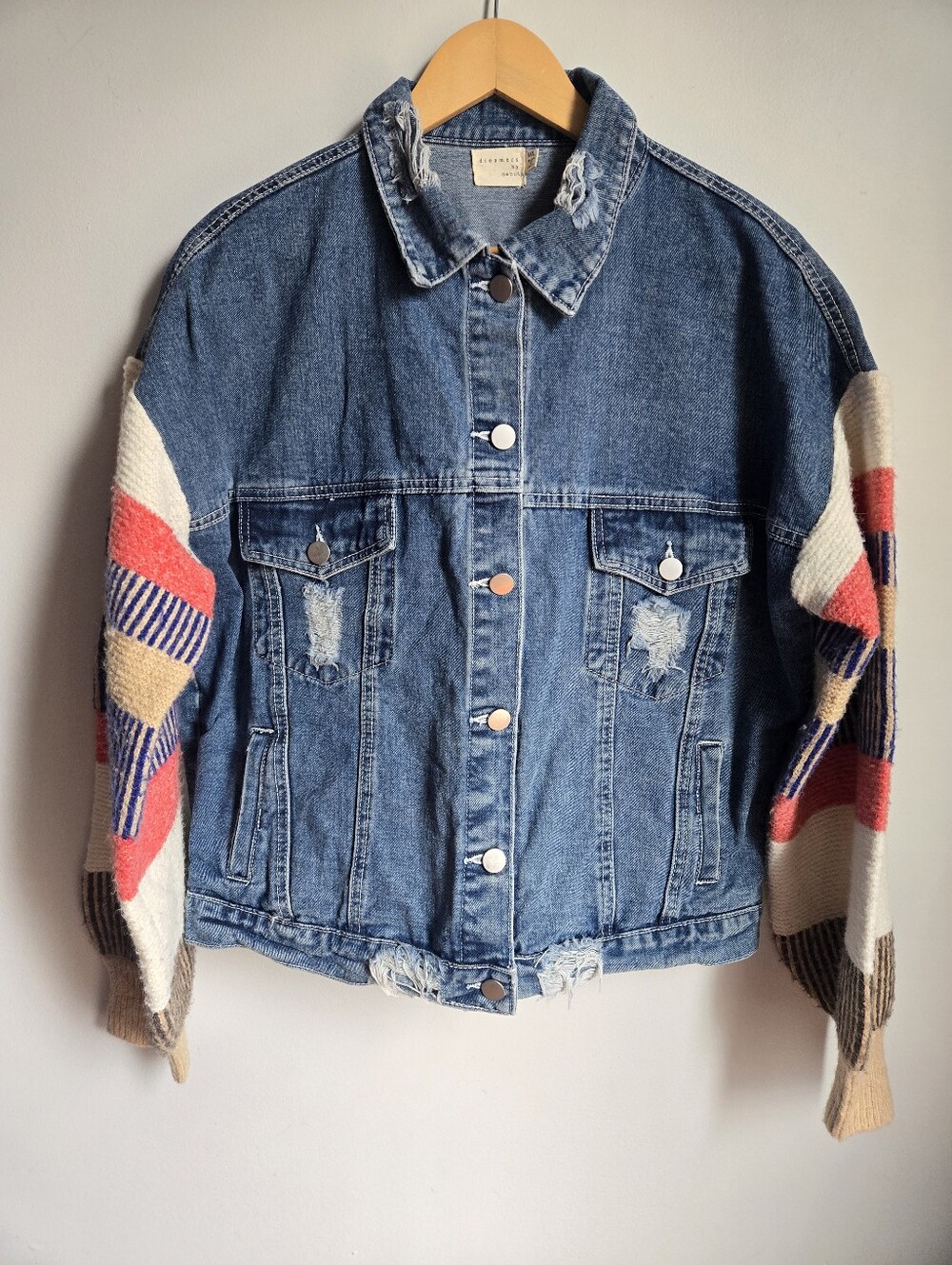 DREAMERS Denim Jacket with Colorblock Knit Sleeves - Blue